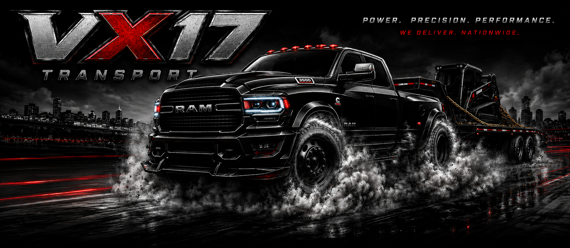 Black RAM 3500 dually hauling a flatbed trailer at night