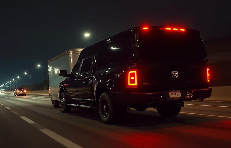 Black RAM 3500 dually speeding on a highway for expedited delivery at night
