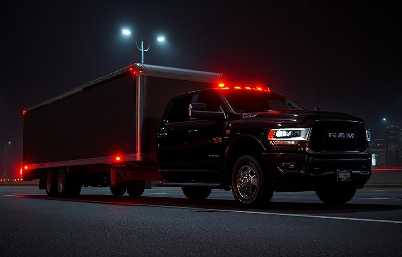 Black RAM 3500 dually hauling hot shot freight on a flatbed trailer at night